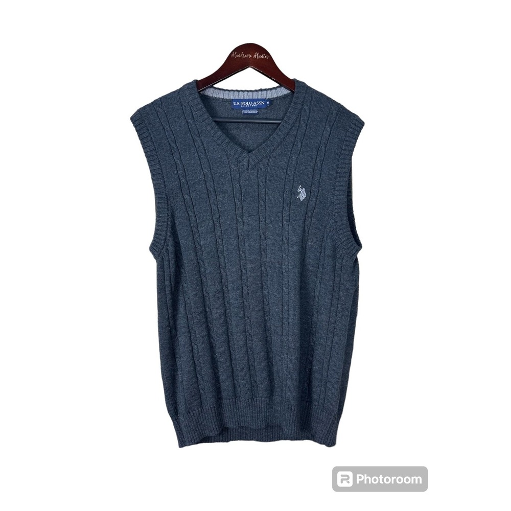 US Polo Assn Mens Sweater Vest M Gray Sleeveless V Neck Cotton Knit Grandpa N4